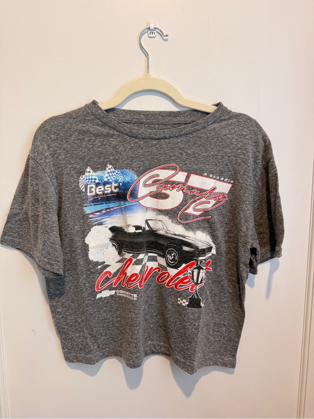 Chemistry Heather Gray Cropped Graphic Tee with Red & Blue Accents